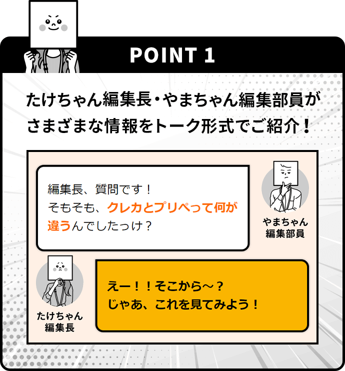 POINT 1 たけちゃん編集長・やまちゃん編集部員がさまざまな情報をトーク形式でご紹介！