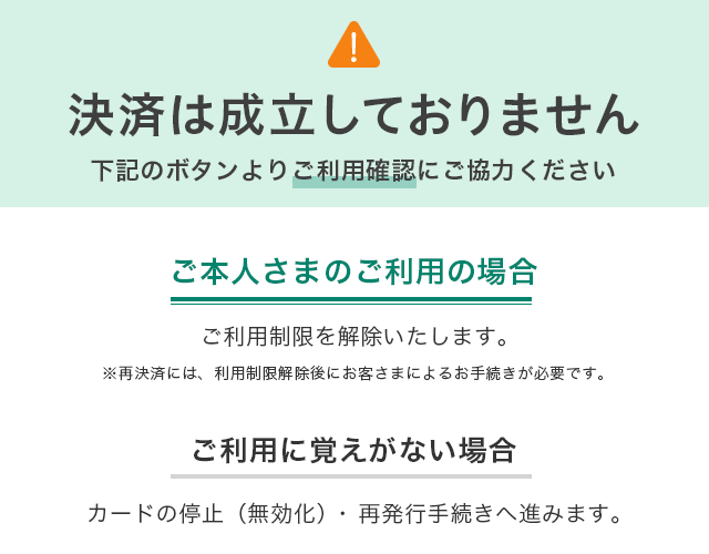 決済は成立しておりません　下記のボタンよりご利用確認にご協力ください　ご本人さまのご利用の場合　ご利用制限を解除いたします。　※再決済には、利用制限解除にお客さまによるお手続きが必要です。　ご利用に覚えがない場合　カードの停止（無効化）・再発行手続きへ進みます。