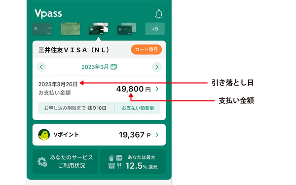 支払い金額と引き落とし日の確認・変更はVpassアプリから