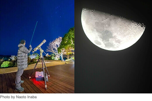 天体望遠鏡（左）撮影された半月（右）