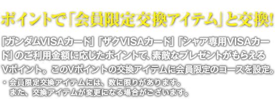 「ガンダムVISAカード」「ザクVISAカード」「シャア専用VISAカード」のご利用金額に応じたポイントで、素敵なプレゼントがもらえるVポイント。このVポイントの交換アイテムに会員限定のコースを設定。・会員限定交換アイテムには、数に限りがあります。また、交換アイテムが変更になる場合がございます。