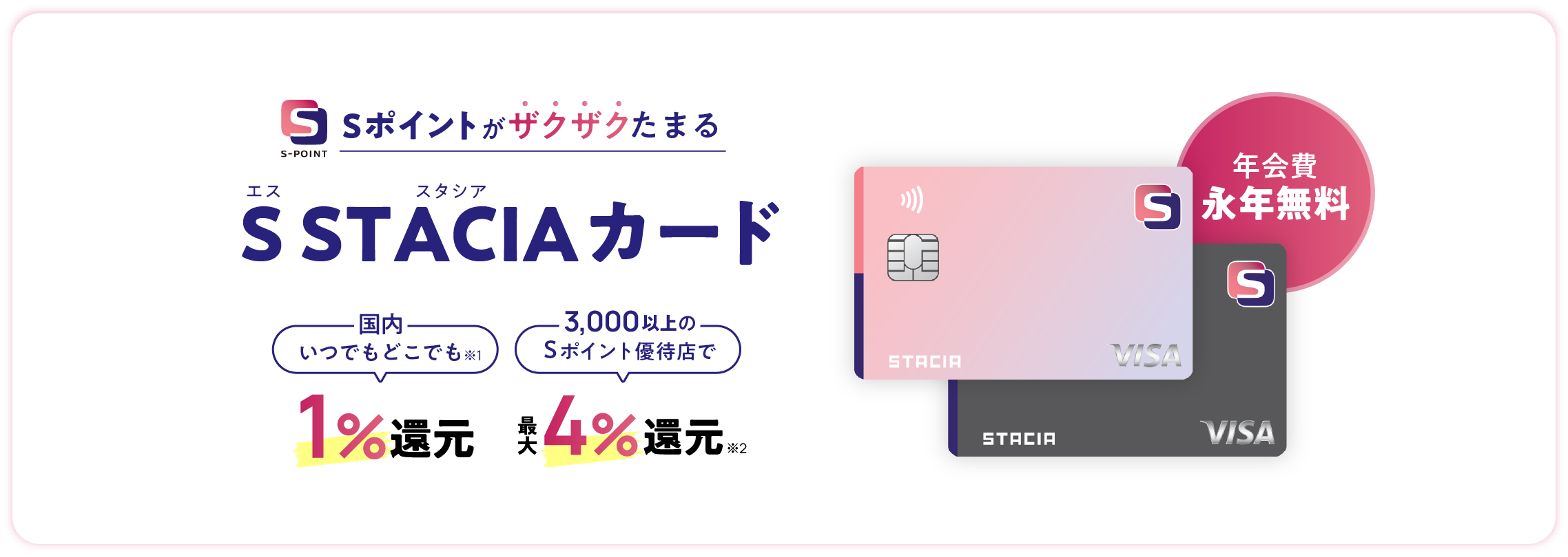 Sポイントがザクザクたまる S STACIA カード 国内いつでもどこでも1%還元 3,000以上のSポイント優待店で最大4%還元 年会費永年無料