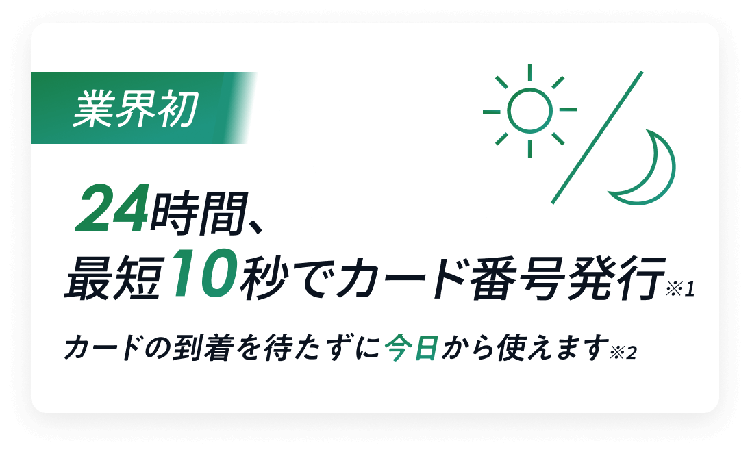 業界初 24時間、最短10秒でカード番号 カードの到着を待たずに今日から使えます