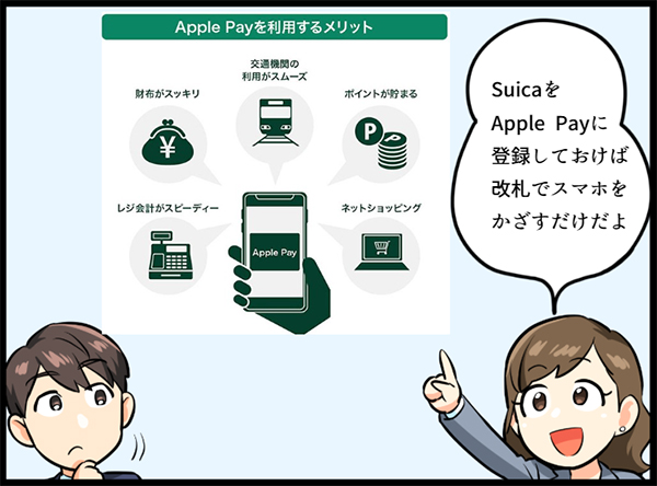 Apple Payを利用するメリットを説明する女性 イラスト