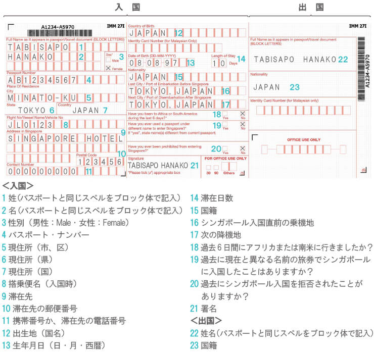 シンガポールへの出入国カード（サンプル）