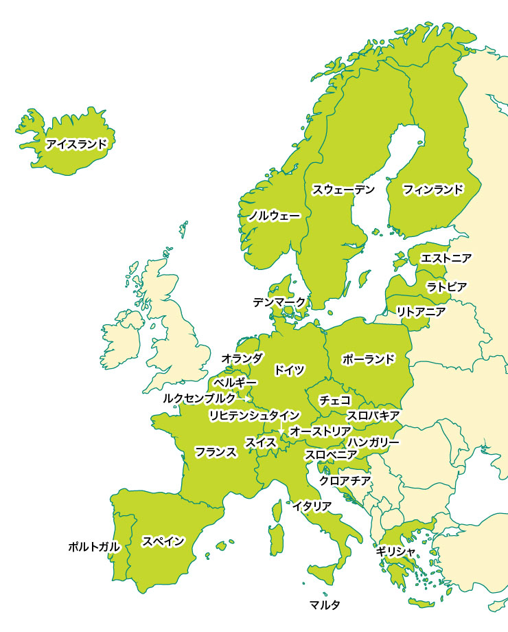 シェンゲン協定を結んでいる国の図