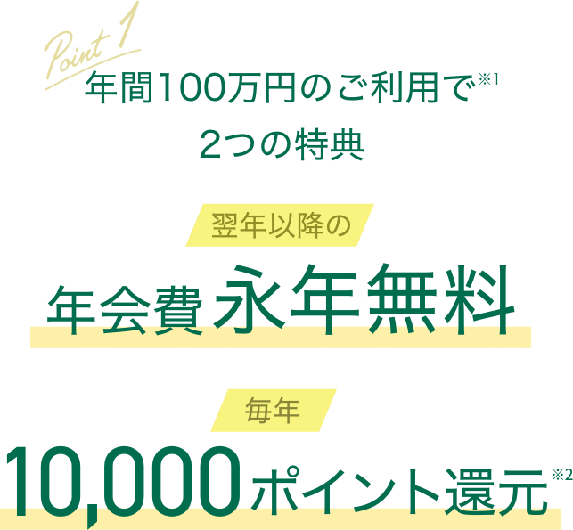 年間100万円のご利用で翌年以降の年会費永年無料 2021年9月30日までのお申し込みで初年度も年会費無料 毎年10,000ポイント還元