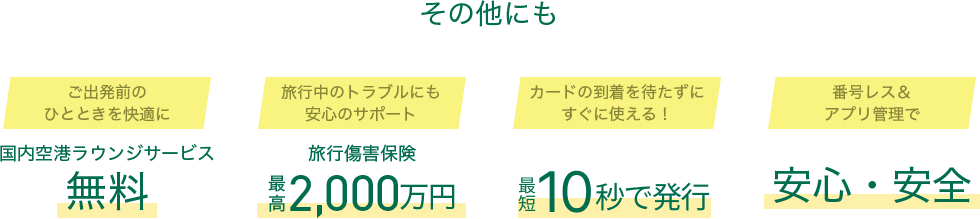 その他にもご出発前のひとときを快適に空港ラウンジサービス無料 旅行中のトラブルにも安心のサポート 旅行傷害保険最高2,000万円 カードの到着を待たずにすぐに使える！最短10秒で発行 番号レス＆アプリ管理で安心・安全