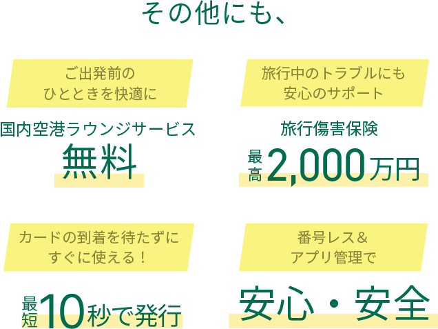 その他にもご出発前のひとときを快適に空港ラウンジサービス無料 旅行中のトラブルにも安心のサポート 旅行傷害保険最高2,000万円 カードの到着を待たずにすぐに使える！最短10秒で発行 番号レス＆アプリ管理で安心・安全