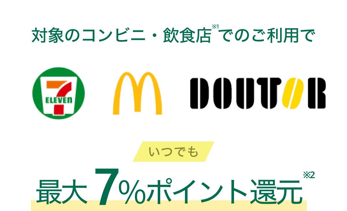 対象のコンビニ・マクドナルドでのご利用でいつでも最大7%ポイント還元