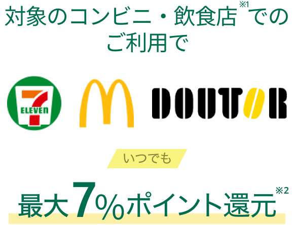 対象のコンビニ・マクドナルドでのご利用でいつでも最大7%ポイント還元