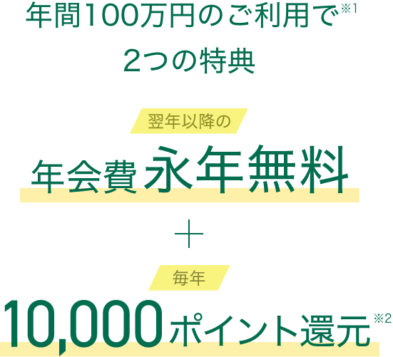 年間100万円のご利用で翌年以降の年会費永年無料 毎年10,000ポイント還元