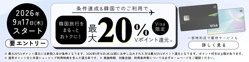 条件達成＆韓国でのご利用で韓国旅行をまるっとおトクに！Visa限定最大20％Vポイント還元